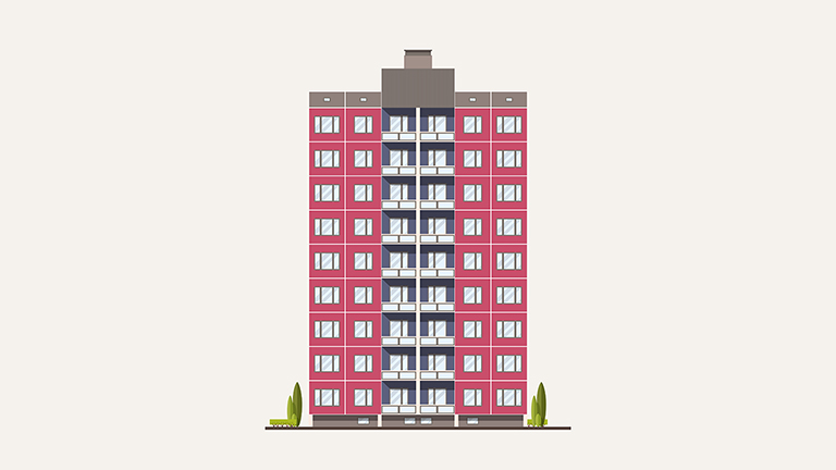 Modern pink prefabricated panel building built in Soviet archite